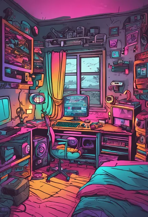 uma imagem ultra realista de uma quarto gamer colorido com computador e as palavras LIVE STREAM com a foto