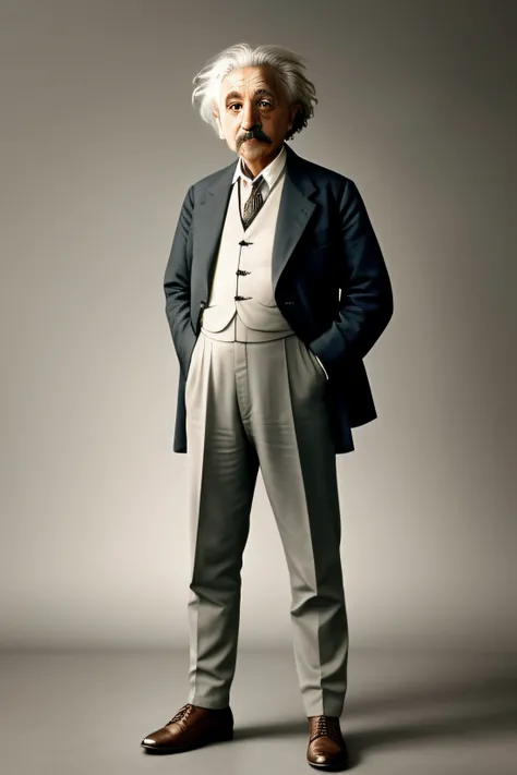 Albert Einstein estilo mais moderno, usando um terno mostrando todo corpo e sapato, imagem mais colorida, pensador, realista[