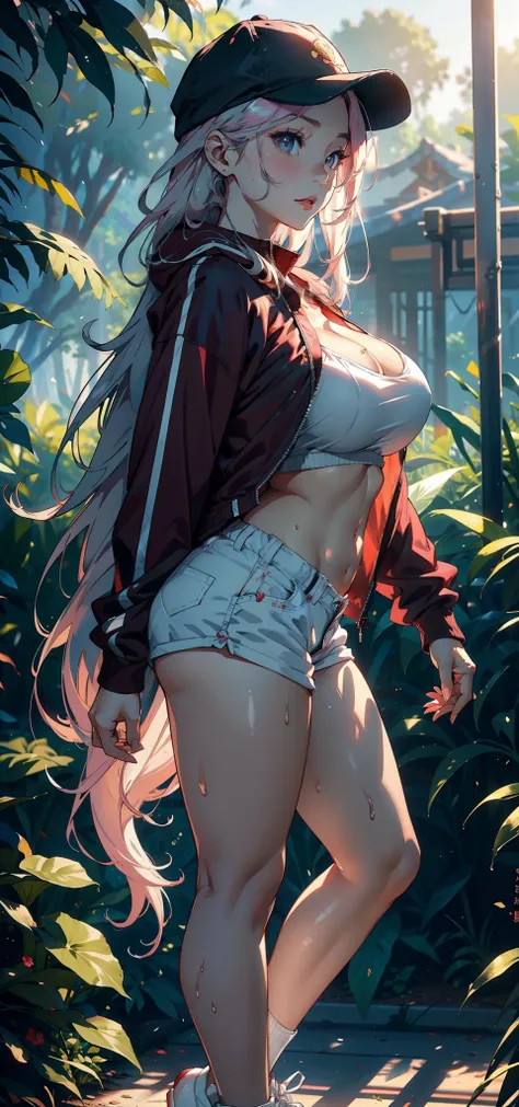 1female，35yo，熟妇，gigantic cleavage breasts，Big breasts Thin waist，long leges，Pornographic exposure， 独奏，（Background with：ln the forest，the rainforest，in summer） She has long pink hair，standing on your feet，Sweat profusely，drenched all over the body，seen from...