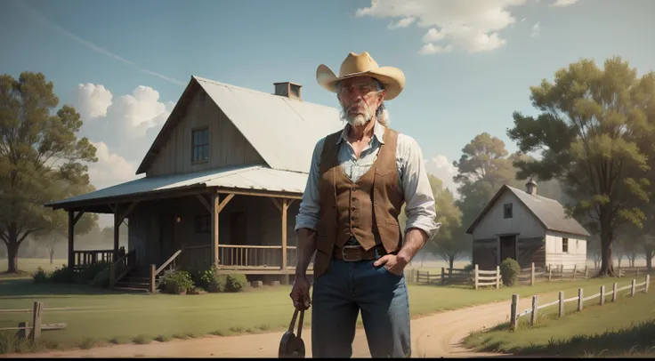 An old farmer with cowboy hat standing in front of the farm house