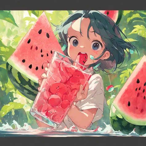 Cartoon character with watermelon and watermelon in a glass, El material es!!! watermelon!!!, Arte de dibujos animados vibrante, Lilo y Stitch, Arte de salpicaduras de Disney, Pixar Splash Art, ❤🔥🍄🌪, Arte Oficial, watermelon, Ilustraciones oficiales, Splas...