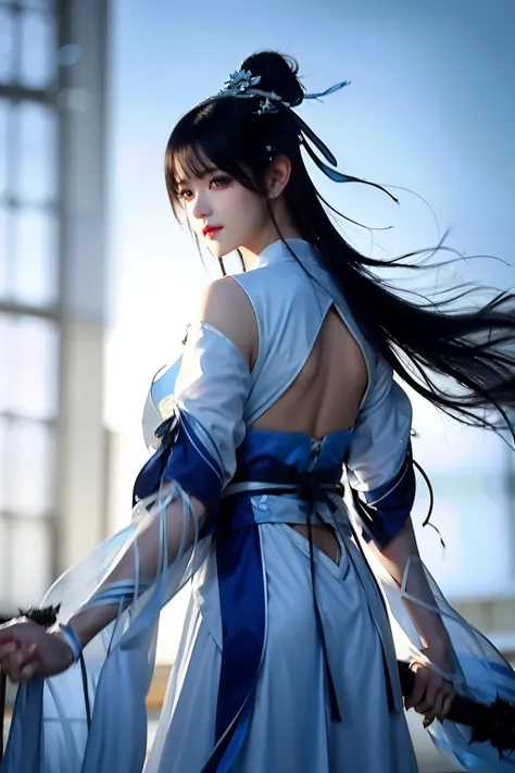 ( ink and watercolor painting), back: A girl, (Blue and white Hanfu), White background, ( Bokeh, Out of focus, Soft lighting, Movie lighting, God Ray, hyper HD)