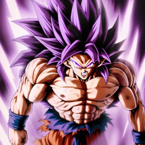 son goku,purple long hair,super saiyan 4 style fur in body,whote and purple aura,muscular body,bare upper body,torn clothes,hand...