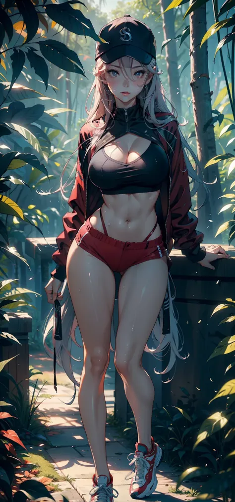 1female，35yo，slim，熟妇，gigantic cleavage breasts，Big breasts Thin waist，slenderlegs，Pornographic exposure， 独奏，（Background with：ln the forest，the rainforest，in summer） She has long pink hair，standing on your feet，Sweat profusely，drenched all over the body，see...