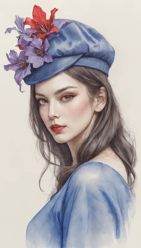 [On a sketchbook sheet, blue lines, A beautiful and intriguing woman looks at the viewer with a faint smile on her lips. She has long, dark hair, that fall on your shoulders. She wears a black hat, decorated with red flowers, yellow and purple on the head....