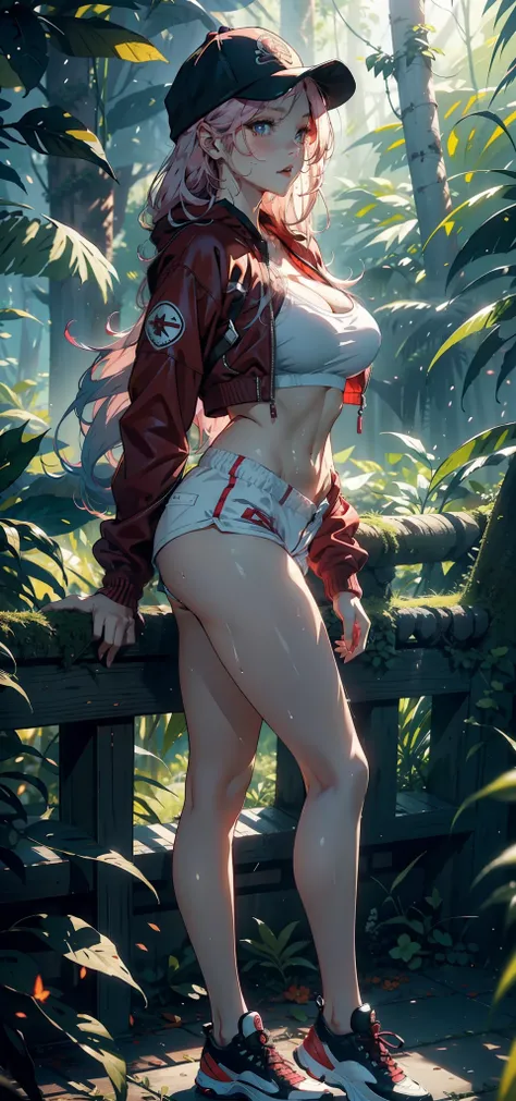 1female，35yo，slim，熟妇，gigantic cleavage breasts，Big breasts Thin waist，slenderlegs，Pornographic exposure， 独奏，（Background with：ln the forest，the rainforest，in summer） She has long pink hair，standing on your feet，Sweat profusely，drenched all over the body，see...