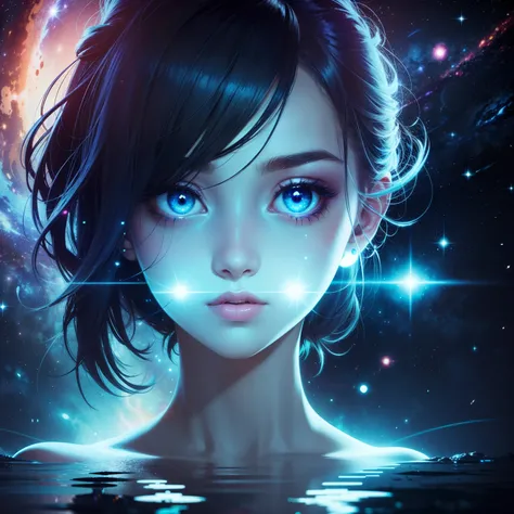 girl,radioactive glow,abstract art,character focus,eyes with reflection,starry sky,galaxies