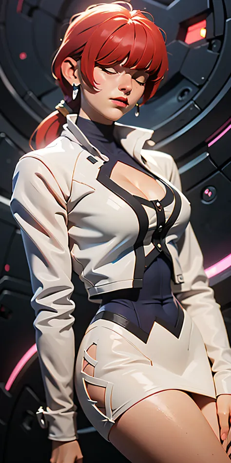 Just [Shermie], wearing a she1, hair over eyes, split ponytail, clothing cutout, Earrings, jewelry, miniskirt, white skirt, leotard, white jacket, long sleeves, extremely tight on the body and tight, red hair , very short hair, very messy hair, hair with b...