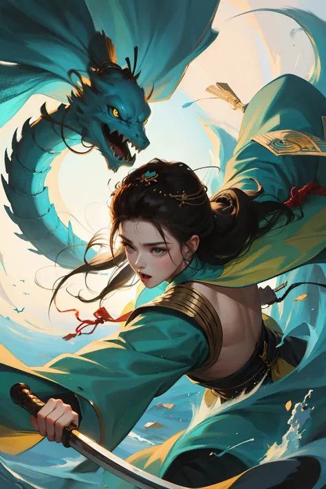 a man crouches on a dragon,gu,wuxia,holding weapon,add essential personnel,full bodyesbian,half squat,asian men,yellow hanfu,fie...