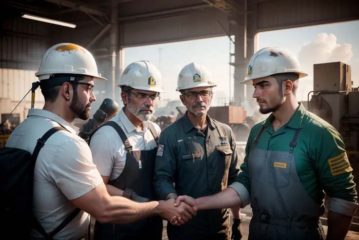 I want you to create an image of an industrial machine or equipment with a team working with industrial painting and something that reminds Petrobras and beyond of the work team, quero 2 pessoas de roupa formal, shaking hands as if they were sealing the de...