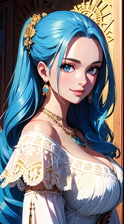 Masterpiece, ((Ultra detailed backgrounds, Delicate pattern, intricately details)), (Highly detailed, Fine details), Best quality, 1girll, Long hair, cleavage，Large breasts，Off-the-shoulder attire，Blue hair, Solo, jewelry, Earrings, pony tails, hair adornm...