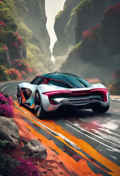 Futuristic car with aerodynamic lines, Realistic details and vivid painting. Rodas esportivas que ressaltam a agressividade do design. In a setting of stunning nature, This incredible car stands out, cor cinza, LED headlights, imagem em 4k