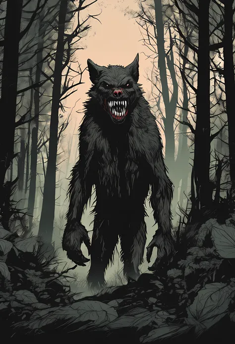 "Terrifying horror art of a full-bodied werewolf with sharp teeth, set in a dark ambient forest cabin. The artwork showcases the eerie atmosphere of Poland cryptid folklore and emphasizes the presence of flora surrounding the creature."