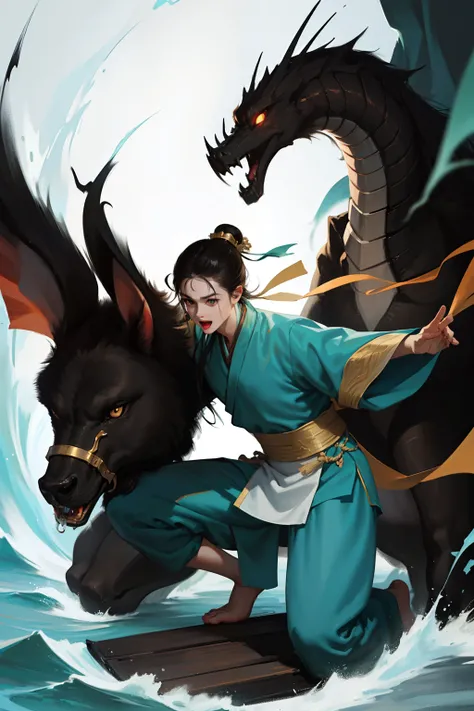 A man crouches on a dragon,gu,Wuxia,holding weapon,Add essential personnel,full bodyesbian,Half squat,Asian men,Yellow Hanfu,Fierce,Hair,Thin,holding weapon,A city in ancient China,Open mouth,Break, Dragon,(Dagons head:1.2),A huge red Dagons head,Huge,Open...