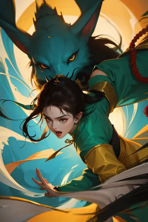 A man crouches on a dragon,gu,Wuxia,holding weapon,Add essential personnel,full bodyesbian,Half squat,Asian men,Yellow Hanfu,Fierce,Hair,Thin,holding weapon,A city in ancient China,Open mouth,Break, Dragon,(Dagons head:1.2),A huge red Dagons head,Huge,Open...