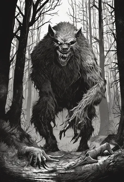 "Terrifying horror art of a full-bodied terrifying werewolf with sharp teeth, set in a dark ambient forest cabin. The artwork showcases the eerie atmosphere of Poland cryptid folklore."