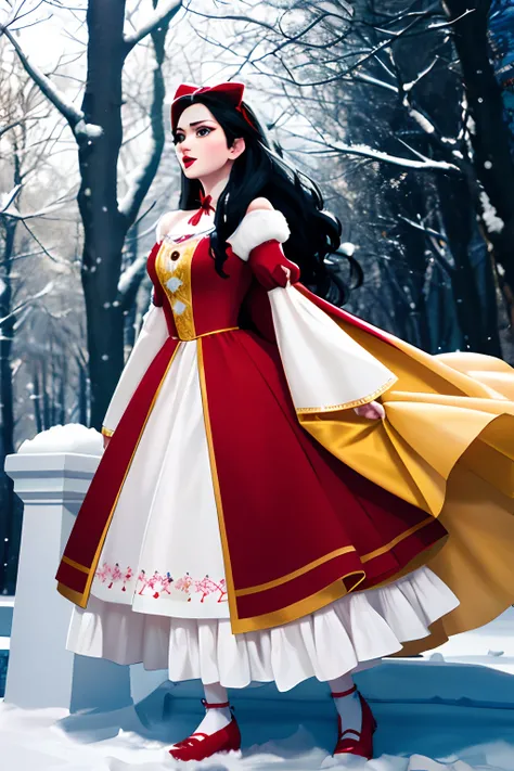 hair as black as ebony, lips as red as the rose, skin as white as snow."[30] Though she is first seen in rags at the films beginning, Snow White is most well known for her iconic dress with a blue bodice, puffy red and blue striped sleeves, an ankle-length...