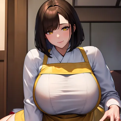 Background with(In a Japanese-style house:1.3),(8K, Yes, Best quality, tmasterpiece:1.2),(eye detailed),(Facial features),((Clothes detail details))，1个Giant Breast Girl,full bodyesbian,Solo,Bright brown hair,Bob Head,Yellow eyes，Wearing(white long sleeve s...