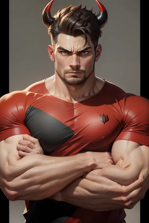 half bull and half man, head of a bull without horns facing the scene, stare, with muscular arms crossed, strong shoulders and biceps, a red and black shirt, red accents throughout the image.