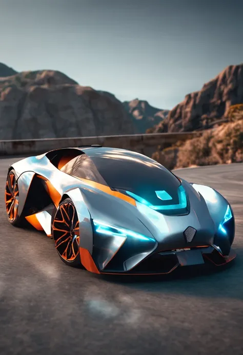 Futuristic car with aerodynamic lines, Realistic details and vivid painting. Rodas esportivas que ressaltam a agressividade do design. In a setting of stunning nature, This incredible car stands out, cor cinza, LED headlights, imagem em 4k carro de frente ...