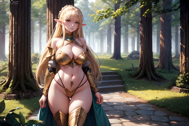 1 girl, long blonde hair, elf, pointy ears, large breasts, curvy, wide hips, bikini armor, fantasy armor, forest, absurdres, high res, ultrasharp, 8K, masterpiece, detailed face, looking at viewer,