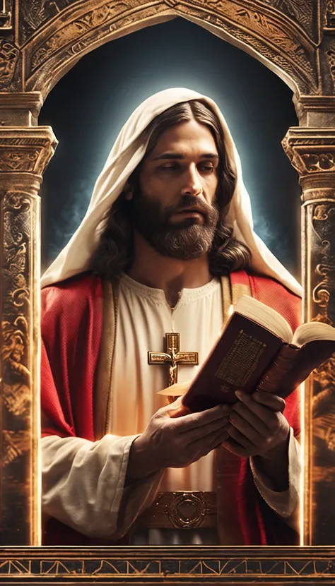 (alta qualidade: 1.3), Cinematic Still Shot, obra-prima, (foco nítido: 1.5), (fotorrealista: 1.3), medium portrait of (Jesus holding a HOLY BIBLE IN A FLASHY SETTING), fundo detalhado, clear lighting, twilight lighting, volumeric lighting, detalhes complex...