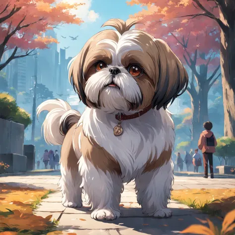 Shih Tzu in the park with people and other dogs