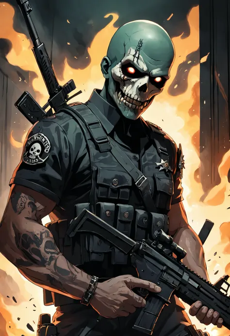 Um Policial com o rosto super detalhado de caveira sinistra, com os olhos super detalhados e sinistros, com um sorriso super detalhado e sinistro，With two daggers in his hands，Special Forces style, estilo assassino, Com um rifre de assalt fusil nas costas,...