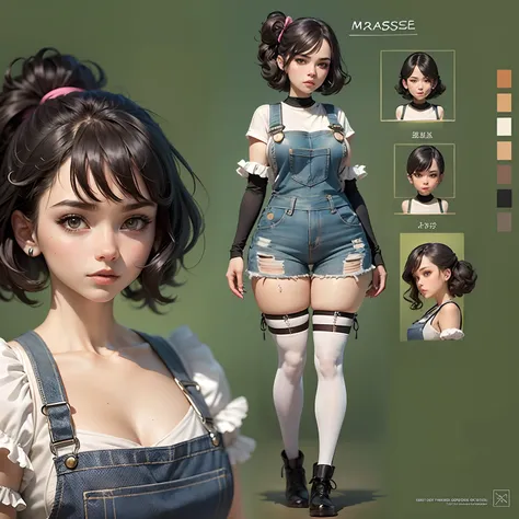 ((masterpiece)),(((best quality))),(character design sheet, same character, front, side, back), illustration, 1 voluptuous woman, short black hair, hairstyle picie, eyes, environment change scene, Female, wearing overalls only, (simple background, white ba...