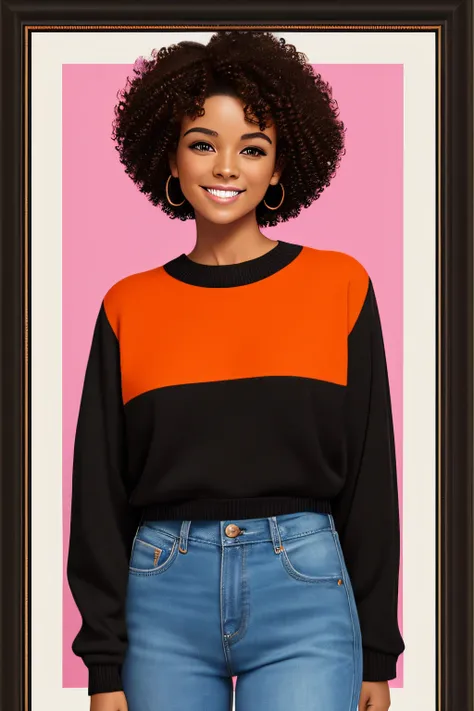 smiling woman with short black hair wearing an orange sweater, short dark curly hair smiling, in front of a pinkl pink background, short curly hair, short curly hair, curly afro, promotional portrait, her face framed with curls, haircut midpart curly, Asht...