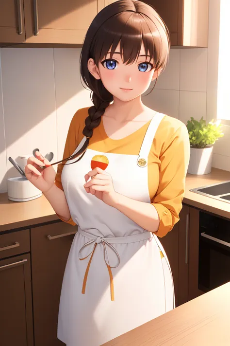 indoors, in a kitchen,
stand on the floor,
aprons, 鎖骨, (yellow_shirt),
bangs, brown hair, blue eyes,single braid, orange hairban...