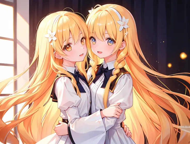 2girls，Girl1：，adolable，golden hair，long whitr hair，girl 2：golden hair，long whitr hair，Touch each others chests