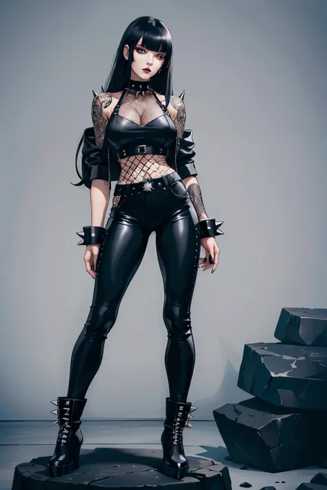 Woman, long black hair with bangs, pale skin, goth makeup, black leather pants, Big black plataform boots, fishnet, punk style, choker spikes, bracelet spikes rock,