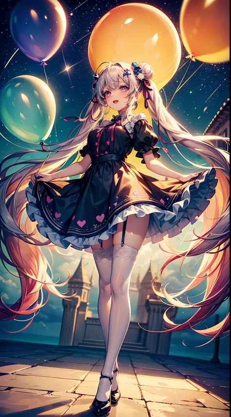 (fullbody, legs and shoes visible: 1.2)) expressive eyes, woman, pale skin, long hair, windblown hair, ((absurdly long hair)), long sidelocks, hime bangs, hair fringe, hair bun, ((very long twintails)), iridescent hair, light pink hair, blushing, full face...