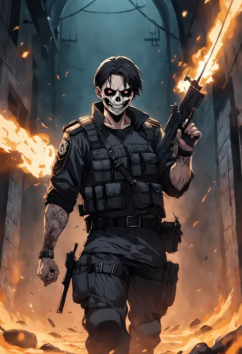 Um Policial com o rosto super detalhado de caveira sinistra, com os olhos super detalhados e sinistros, com um sorriso super detalhado e sinistro，With two daggers in his hands，Special Forces style, estilo assassino, Com um rifre de assalt fusil nas costas,...