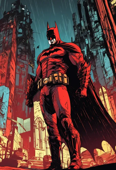 Batman of the Dark Knight with his red costume and yellow symbol stands imposing in a lost Gothic city. Moonlight highlights your muscles and scars. The scenery is lush and mysterious, com tecnologia futurista e arredores. The camera details everything, um...