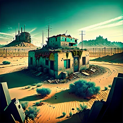 Landscape of a post-apocalyptic land with intriguing details,Alta calidad de imagen, cinematic ambiance, Entorno scy-fi