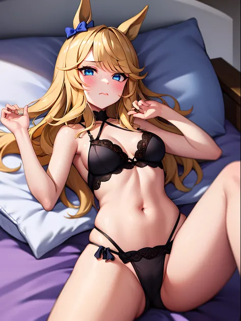 ​masterpiece,top-quality, Best Quality，anime illustrated，{{{1 woman}}}，独奏，{{{Gold ShichiUma Musume}}}，{{{horse ear}}}，Golden long wavy hair， red blush，blue eyess，Nasty face，a closed mouth，Gorgeous lingerie in black，Small，{{{{{Hide your hands behind your bo...