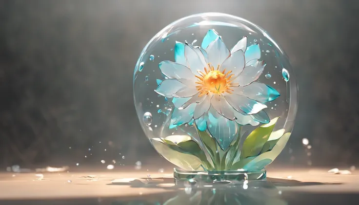 Por favor, Create a highly realistic representation of a flower made of glass, delicately positioned on the floor. The emphasis on detail is key to this scene. The glass flower must present transparency and authentic reflections, capturando a luz de maneir...