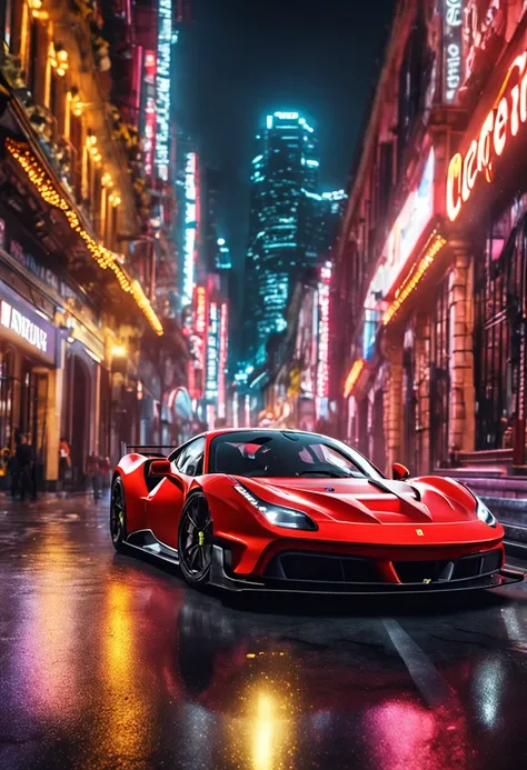 "an Quority(ferrari 488 gt3)Racing cars race around the city circuit at night，A breath of blood and speed。"