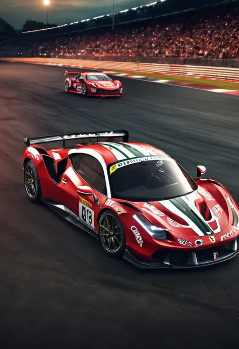 "an Quority(ferrari 488 gt3)Racing cars race around the city circuit at night，A breath of blood and speed。"