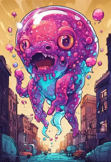 The Soap Bubble Monster: A monster made of glowing soap bubbles floating through the air. cartoon