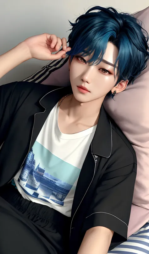 Shooting on a futon, Lying face down, Idol Photos, Photos of actors, Professional Photos, extra detailed face, detailed punk hair, very detailed character, inspired by Sim Sa-jeong, single realistic face, Cai Xukuns, detailed realistic faces, highly detail...