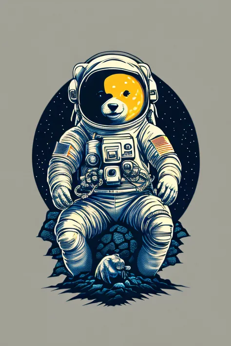 An astronaut sitting on a rock in a relaxed position, with a bear, in a circle, with black background and art vector style, in a vibrant and characteristic sunset, with detailed and sharp outline, as a t-shirt logo in the style of art