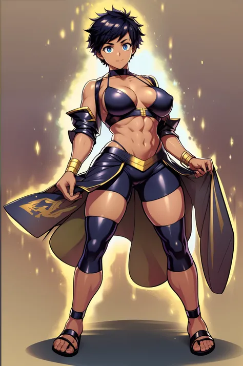 girl, solo, sky, upper body, suiko (one-punch man), dark skin, short hair, dark-skinned female,, tomboy, breasts, mole under mouth, black hair, blue eyes,, full body walking,(icone de um jogo), (icone de peitoral : 1.5), um peitoral , peitoral marrom, ches...