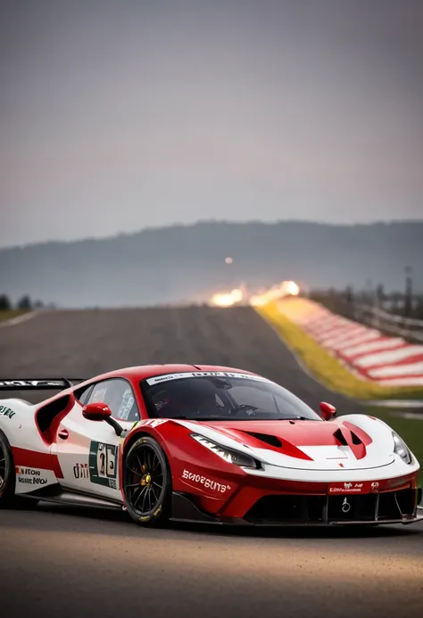 "an Quority(ferrari 488 gt3)Racing cars race around the city circuit at night，A breath of blood and speed。"