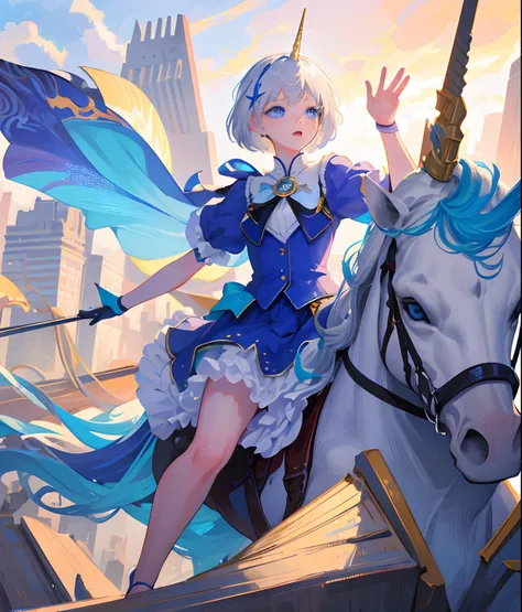 (Best Quality, Masterpiece: 1.1), (Realistic: 1.4), Beautiful girl on unicorn takes the sky,god ray,teen,silver short hair,blue eyes,over the city,