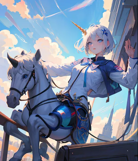 (Best Quality, Masterpiece: 1.1), (Realistic: 1.4), Beautiful girl on unicorn takes the sky,god ray,teen,silver short hair,blue eyes,over the city,