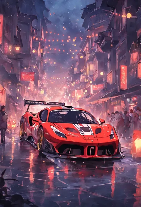 "an Quority(ferrari 488 gt3)Racing cars race around the city circuit at night，A breath of blood and speed。"