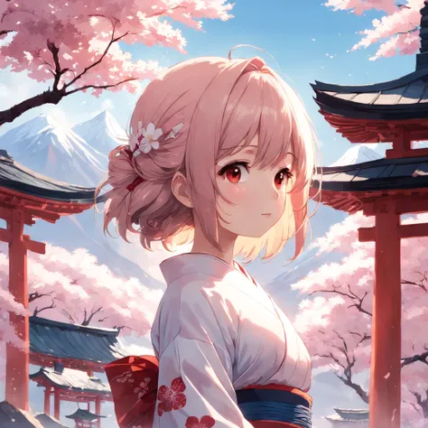 masterpiece, best quality, movie still, 1 girl, girl in white and red kimono, japanese pagodas, cherry blossom trees, facing to the sky, bright, happy, warm soft lighting